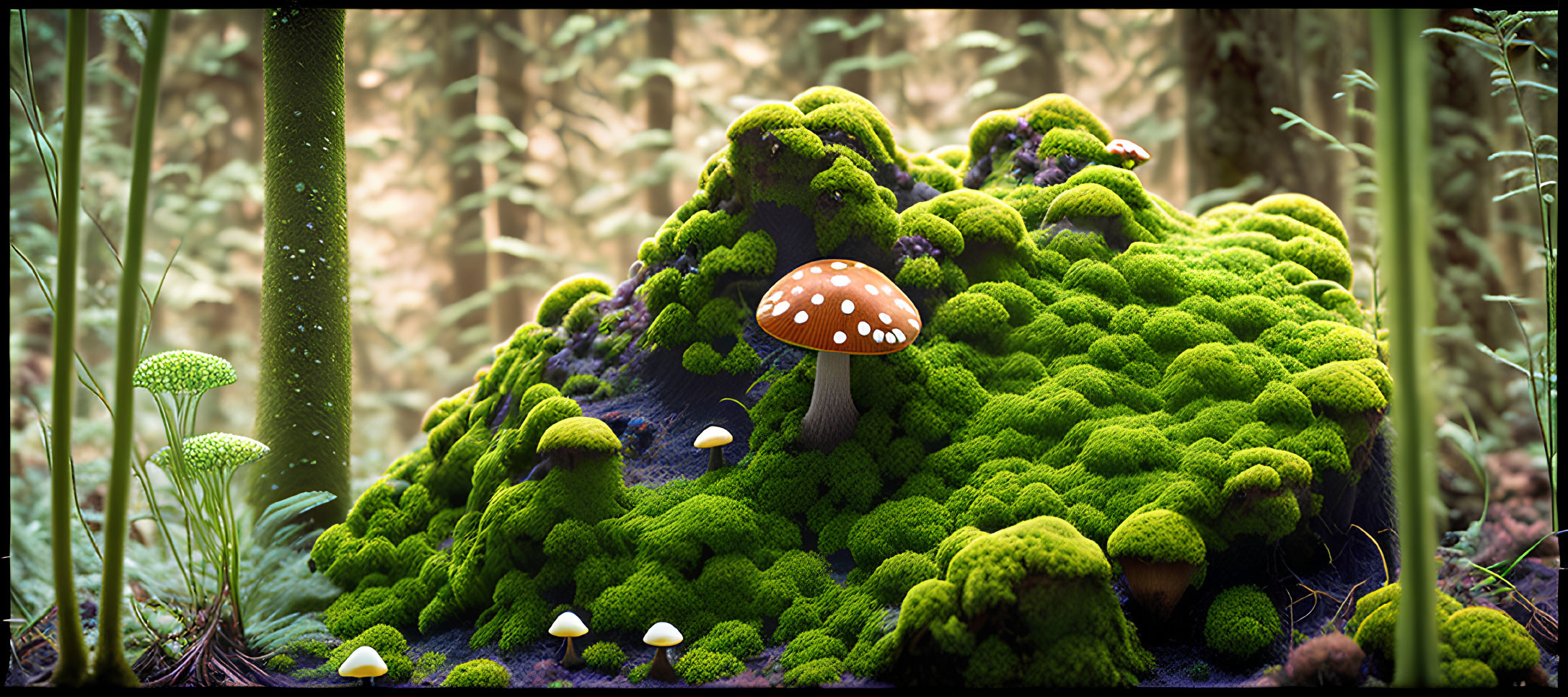 Colorful digital art: Mossy landscape with spotted mushroom and mystical light.