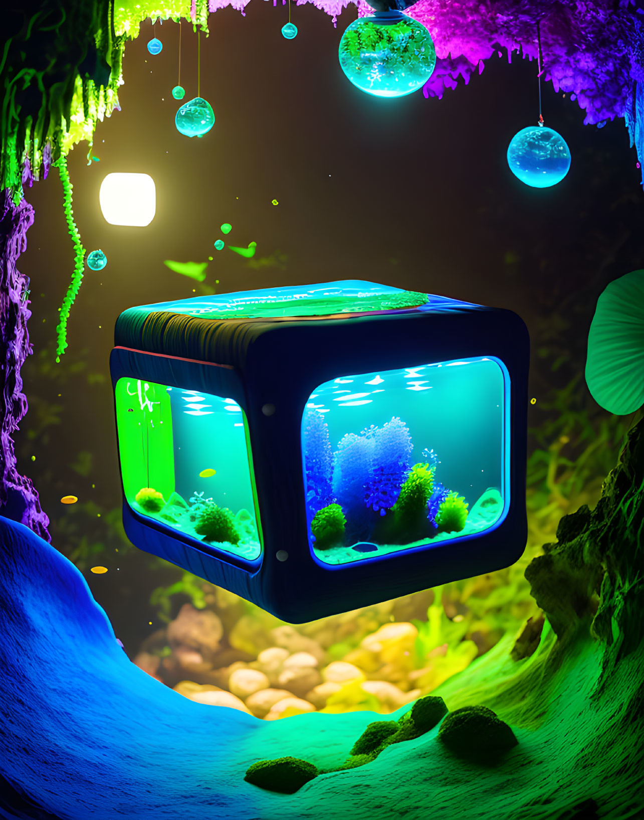 Glowing cube-shaped aquarium with exotic fish in surreal underwater scene