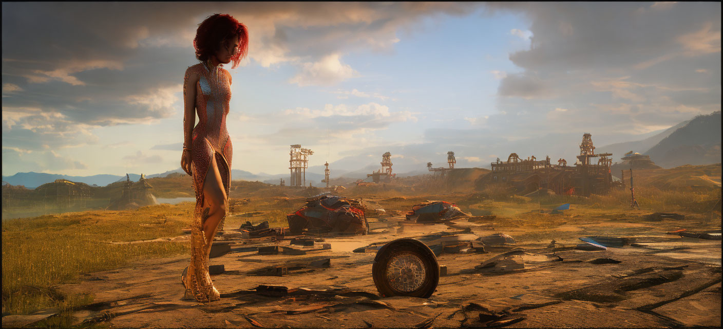 Futuristic woman in desolate landscape with ruins and industrial structures