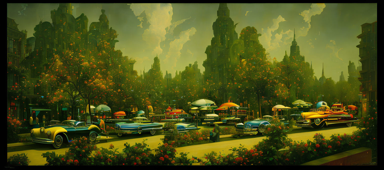 Colorful retro-futuristic cityscape with vintage cars, lush greenery, and art deco buildings