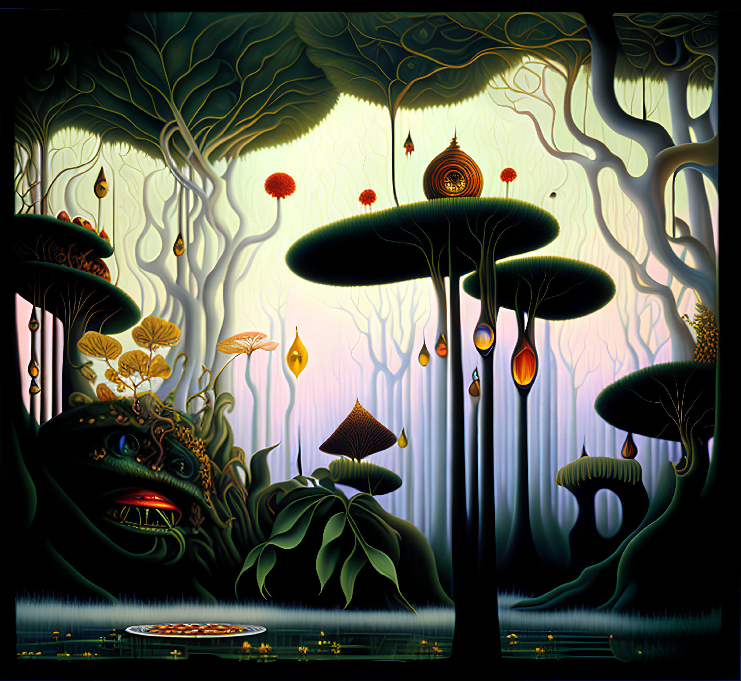 Mystical dark forest with oversized mushrooms and hidden reptilian creature