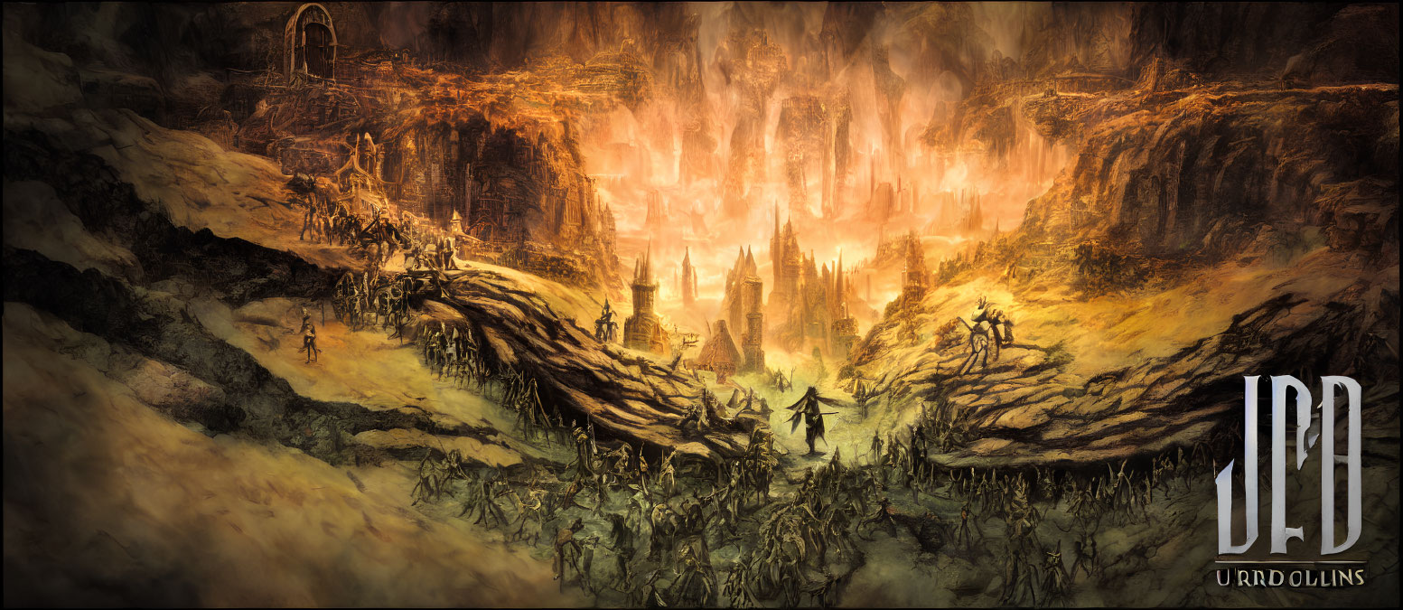 Dark fantasy landscape with fiery abyss, towering spires, gate, and adventurers.