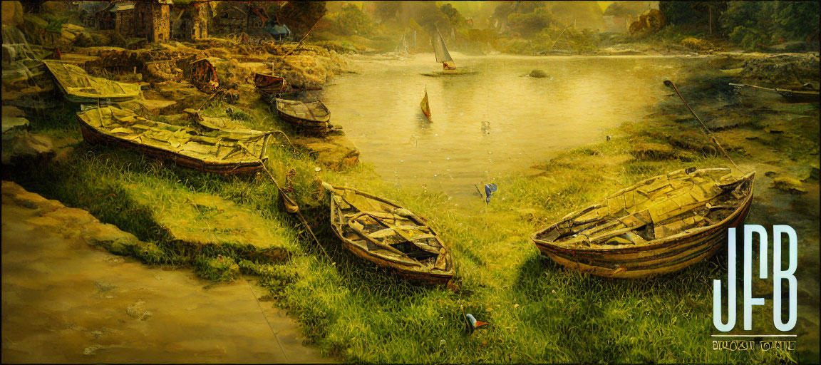 Abandoned boats on overgrown shore with serene river scene