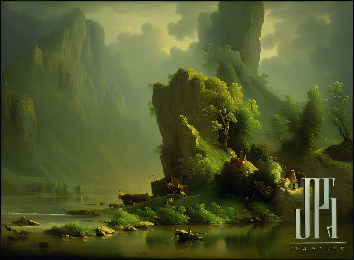 Tranquil landscape painting with lush greenery, cliffs, river, boats, mist, and dramatic