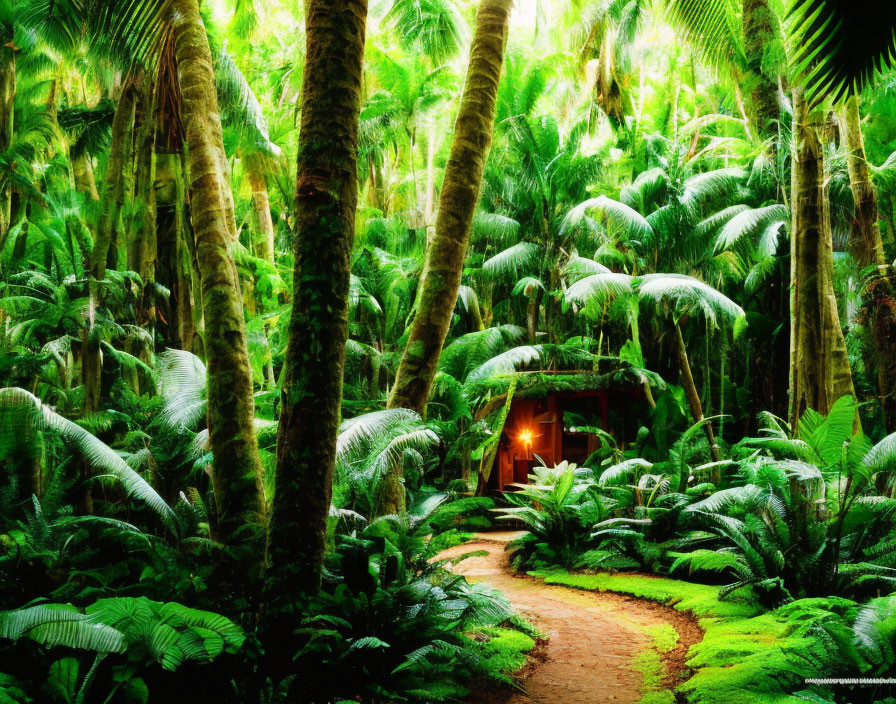 Lush Green Rainforest with Ferns, Palm Trees, and Cozy Cabin