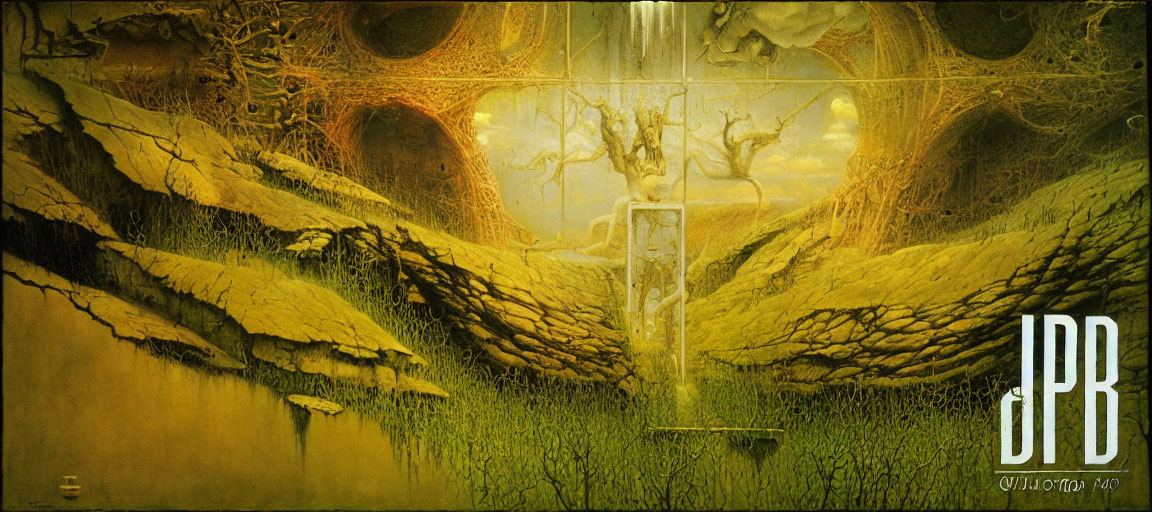 Surreal landscape painting with monolithic door and twisted trees