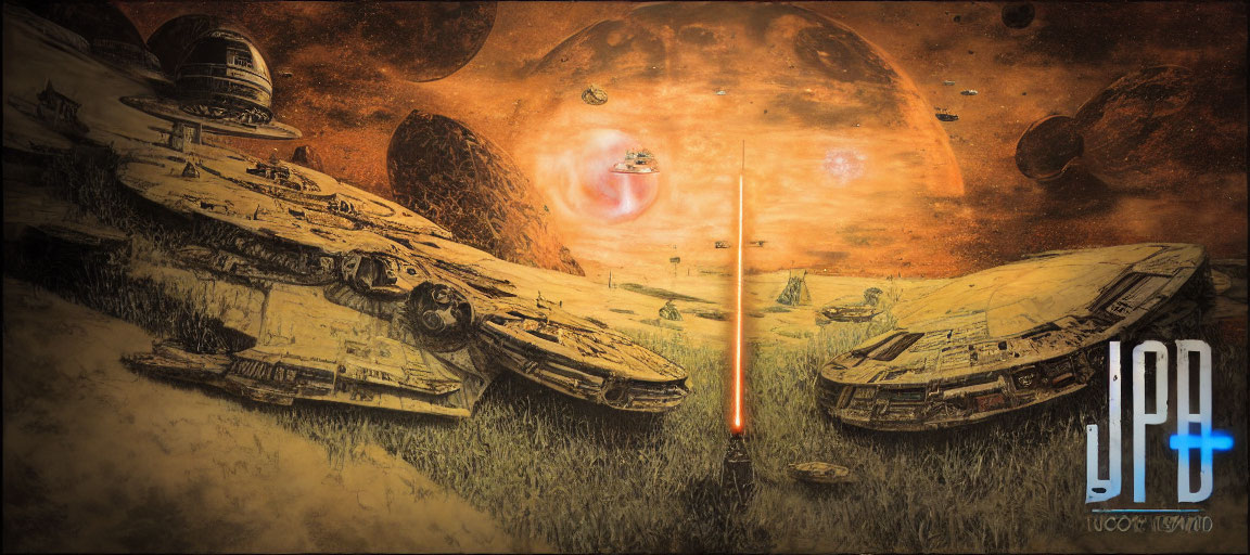 Spaceships on Desert Planet with Reddish Sky and Moons Logo