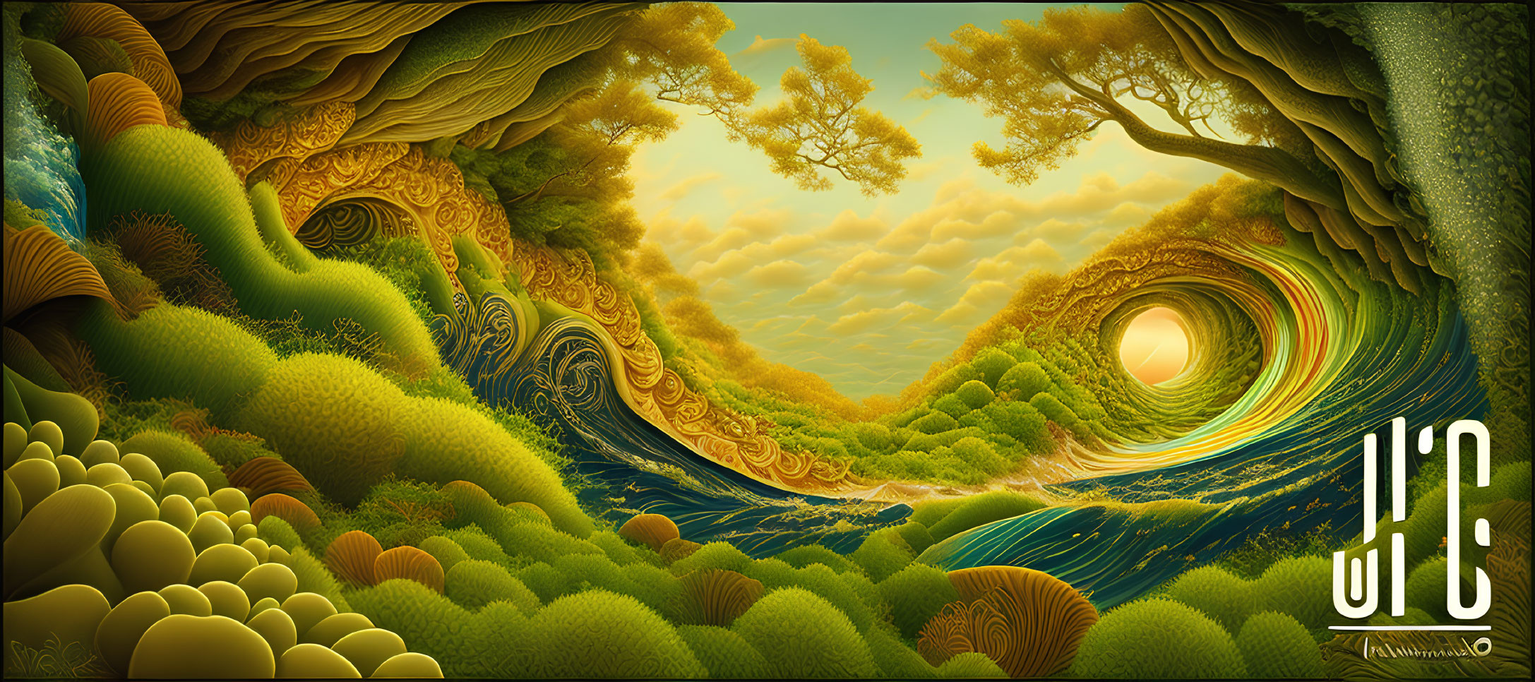 Surreal landscape with swirling patterns and lush greenery