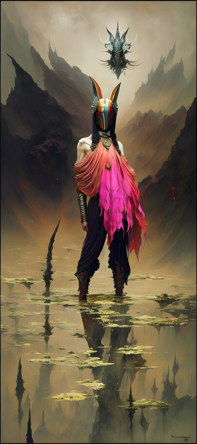 Mystical figure in mask with pink cape by reflective water, flying creature, shadowy mountains