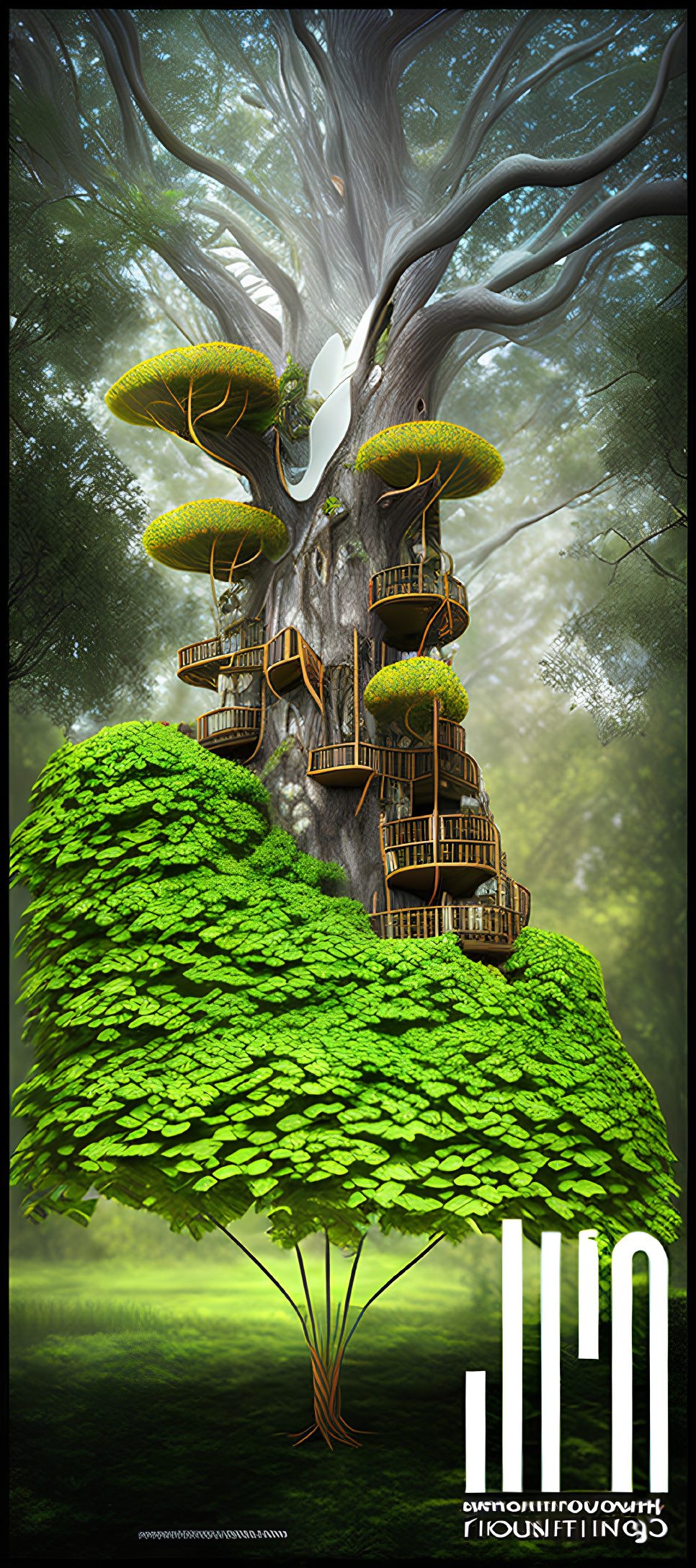 Fantastical treehouses in misty forest setting