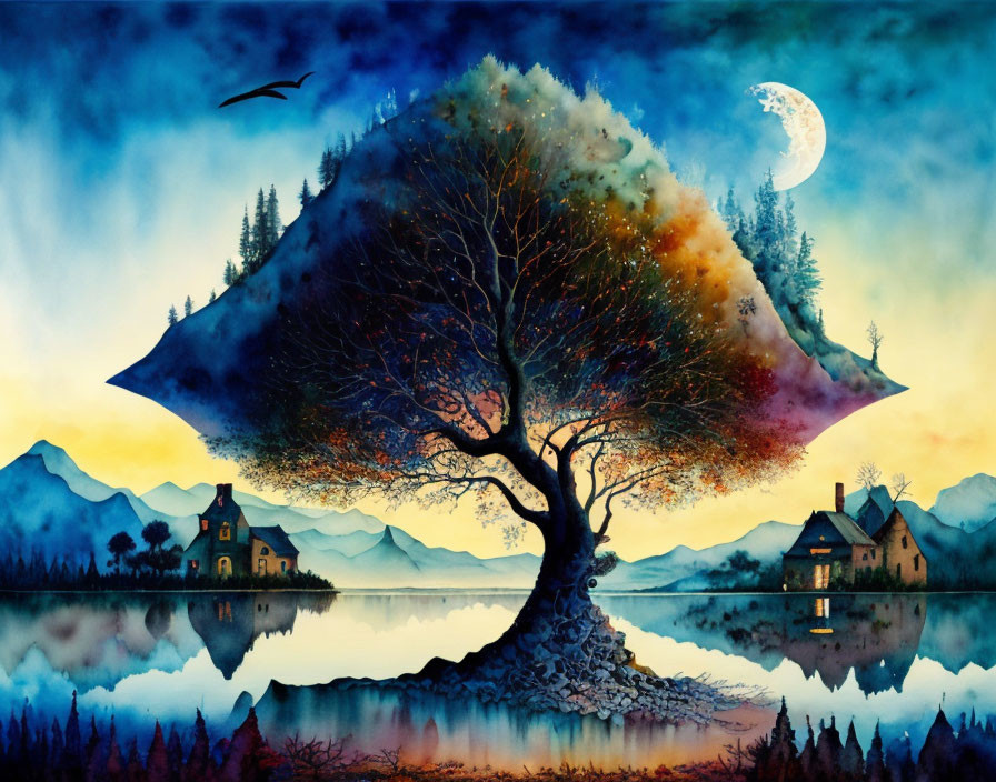 Surreal painting: Tree with autumn leaves, night sky, moon, mountains, lake, houses