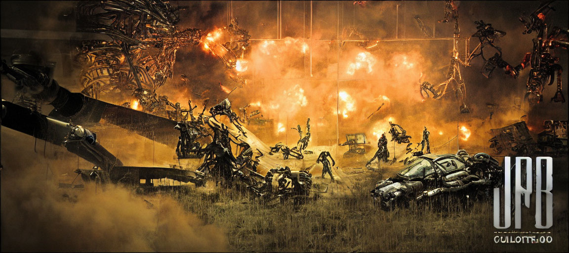 Robots and explosions on futuristic battlefield