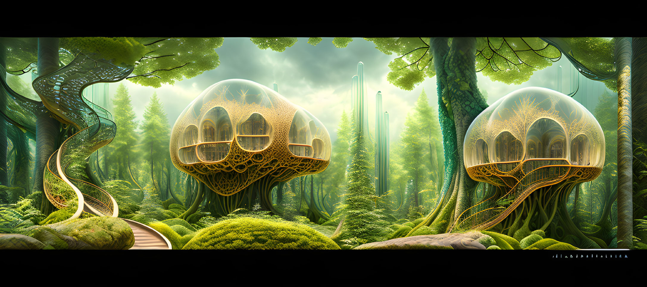 Lush greenery and futuristic treehouses in a fantastical forest