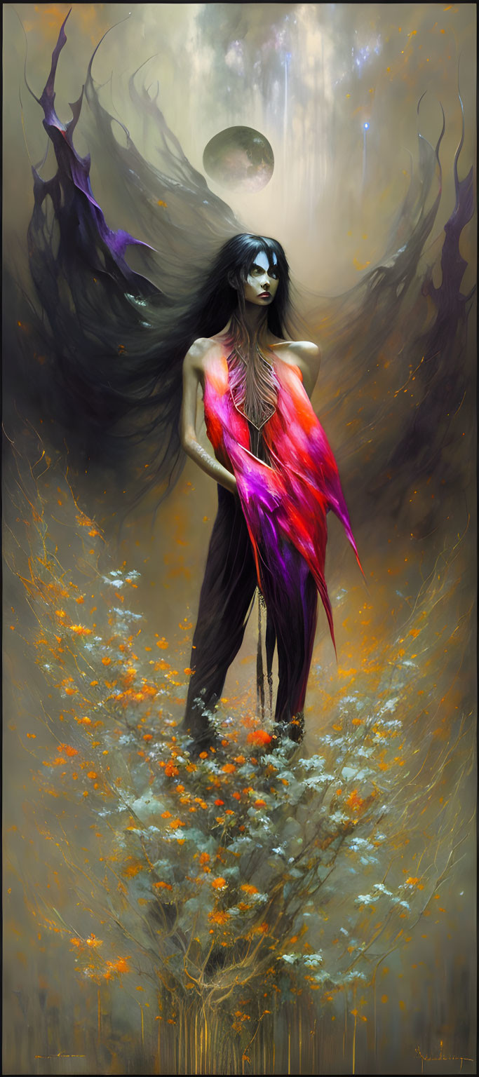 Mystical woman with flowing hair and vibrant wings amidst orange blossoms