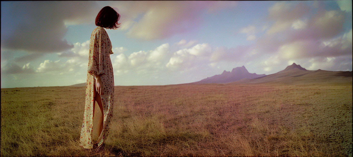 Woman in flowing dress gazes at distant mountains in vast grassland