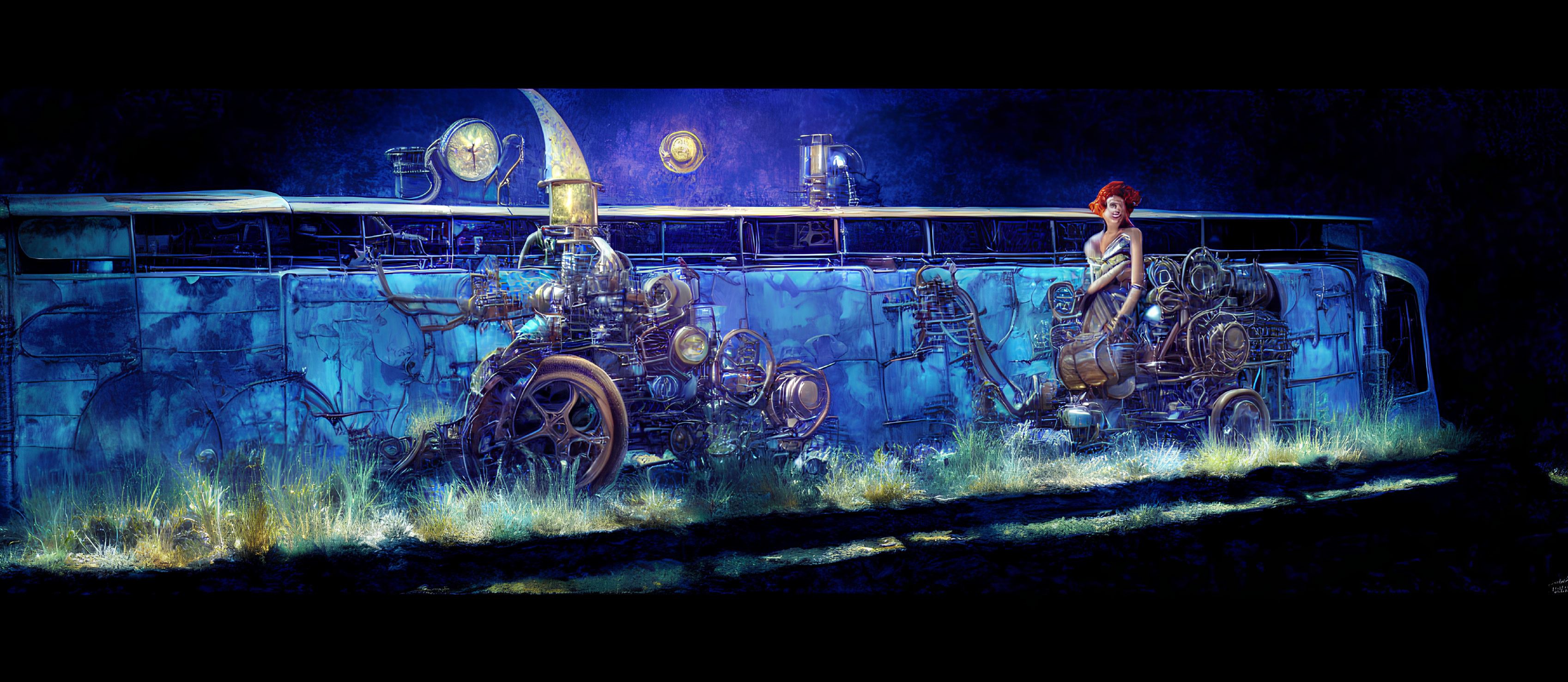 Steampunk-inspired futuristic train with woman and glowing lights.