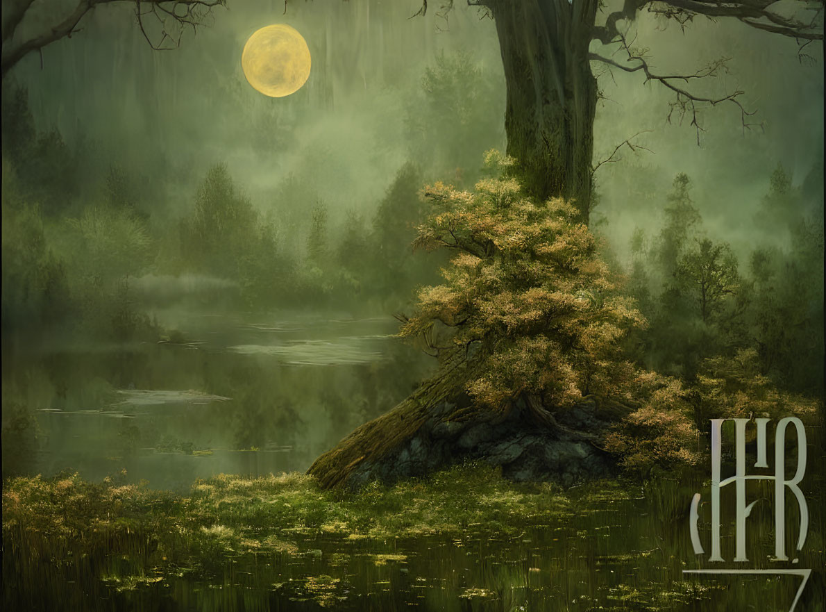 Misty forest scene with full moon, river, ancient tree, and monogram