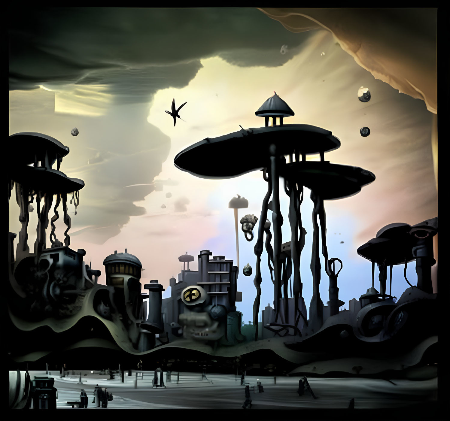 Futuristic cityscape with jellyfish-like buildings and flying vehicles