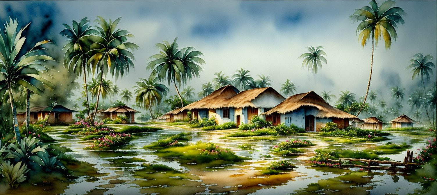 Tropical village scene with thatched huts and palm trees