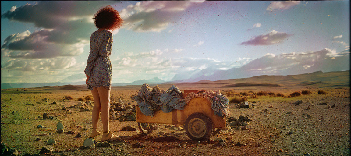 Woman in floral dress next to cart of rocks in desert landscape.