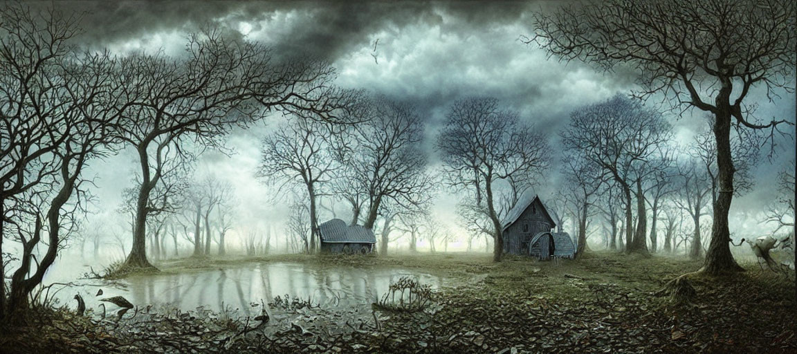 Eerie landscape with barren trees and wooden huts near misty pond