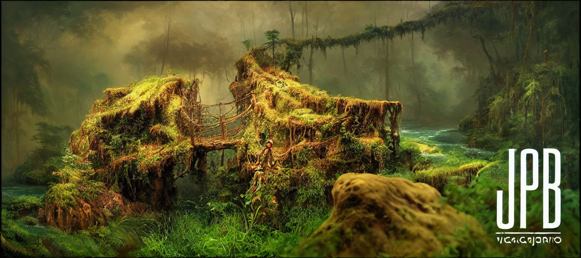 Ancient vine-draped bridges in serene forest river scene