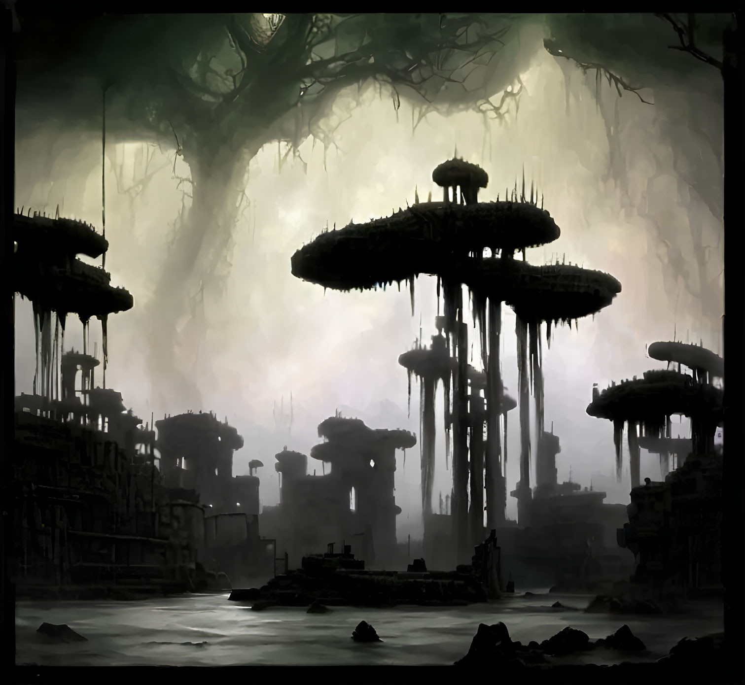 Mist-shrouded landscape with towering fungus-like structures.