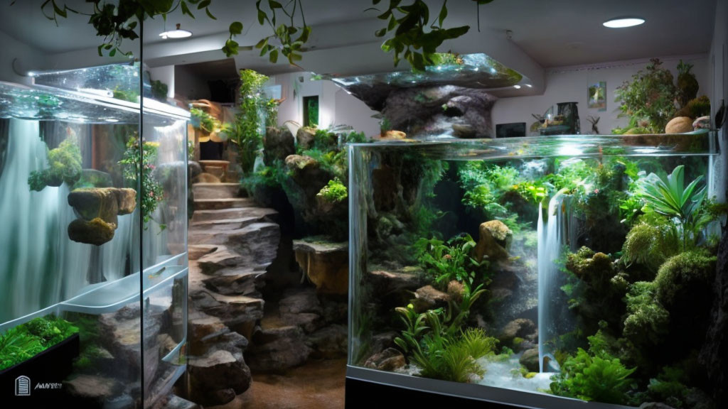 Tranquil aquarium with lush greenery and rock structures