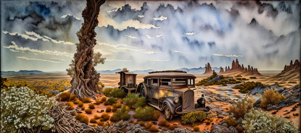 Abandoned vintage bus in desert with twisted tree and rock formations.