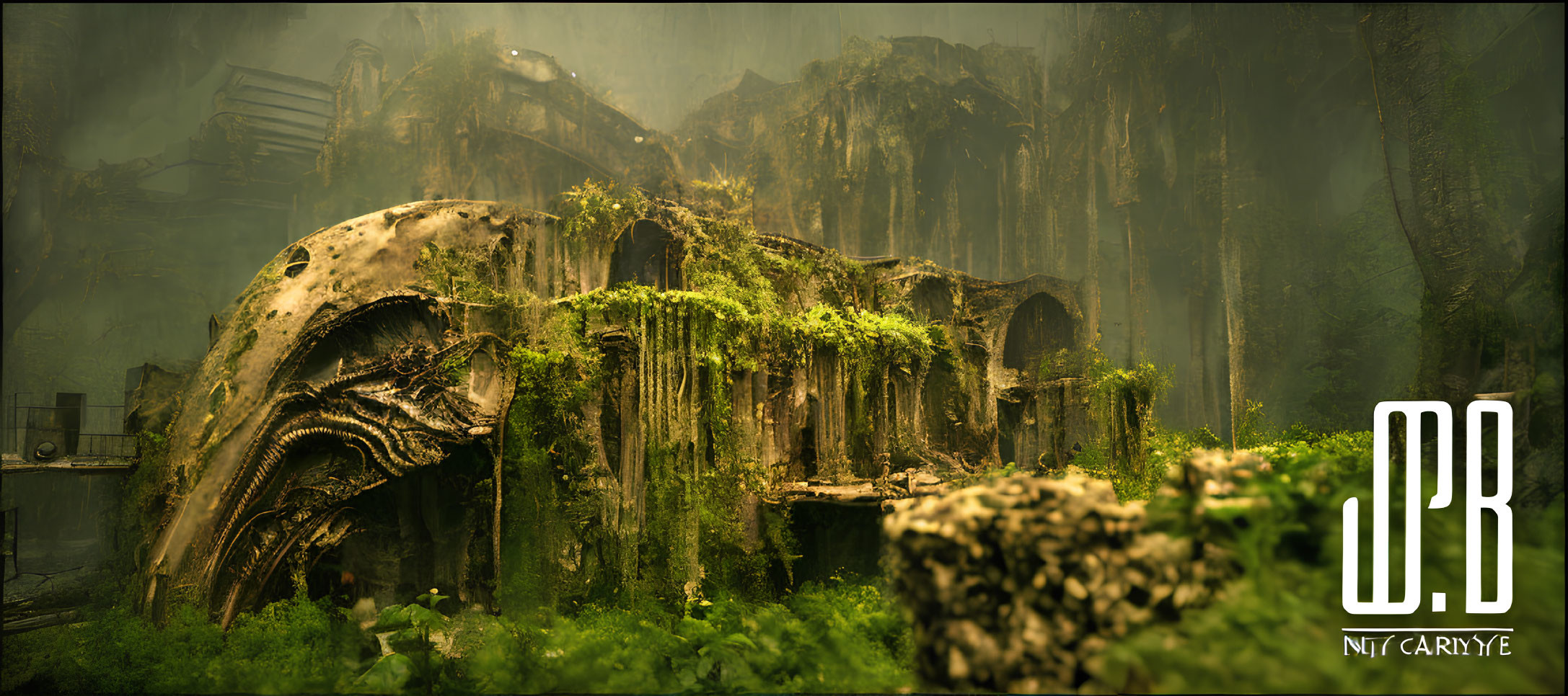 Digital artwork of post-apocalyptic scene with moss-covered skull and dilapidated buildings