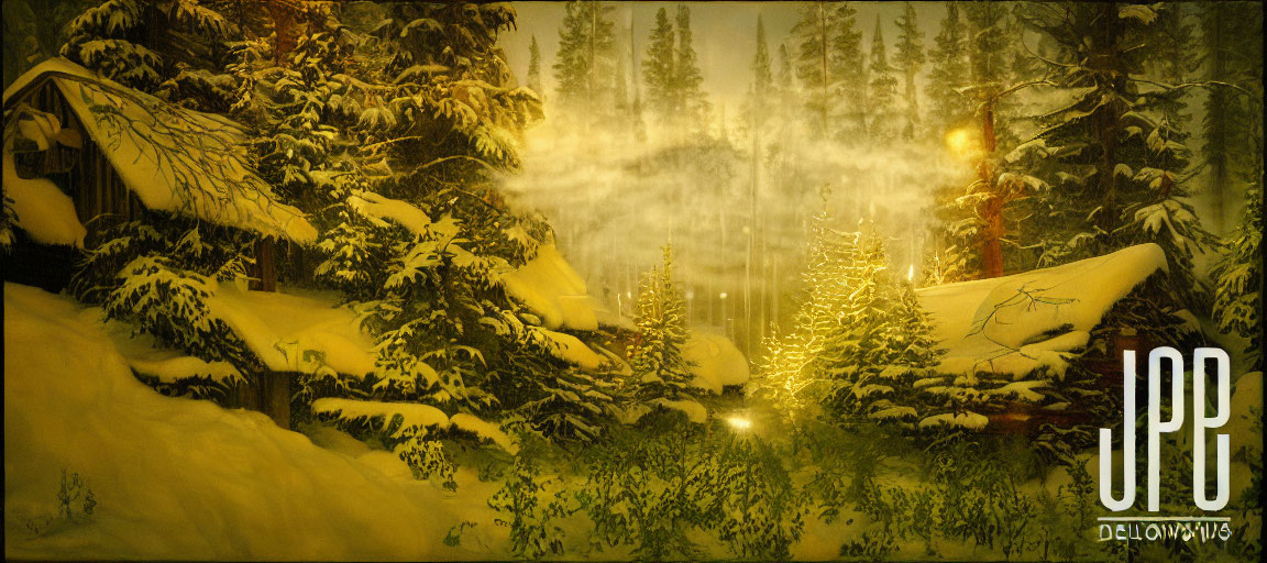 Winter scene: Snow-covered cabins in pine forest with warm light and fog.