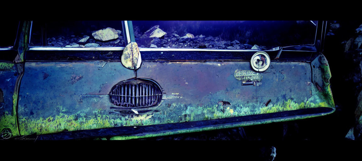 Abandoned vintage car covered in moss and grime