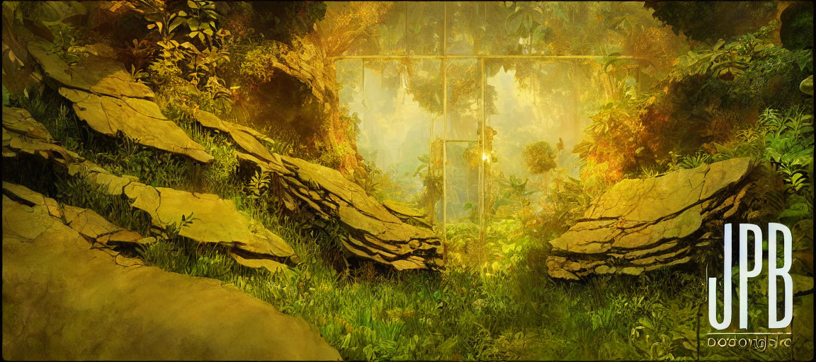 Enchanting mystical forest with golden glow, ethereal bridge, lush vegetation, and rocky cliffs.