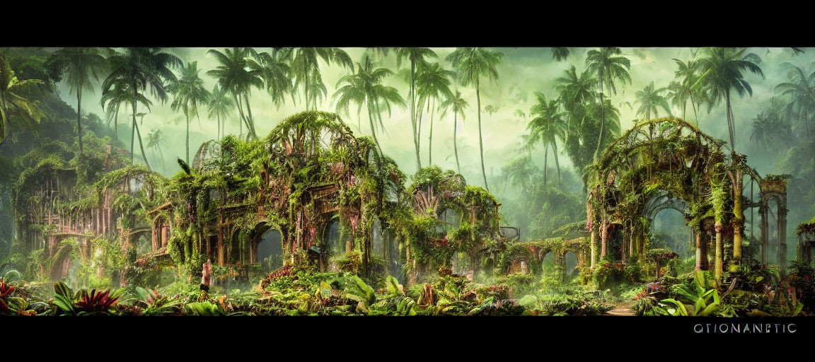 Lush jungle with overgrown ruins and vibrant vegetation under misty sky