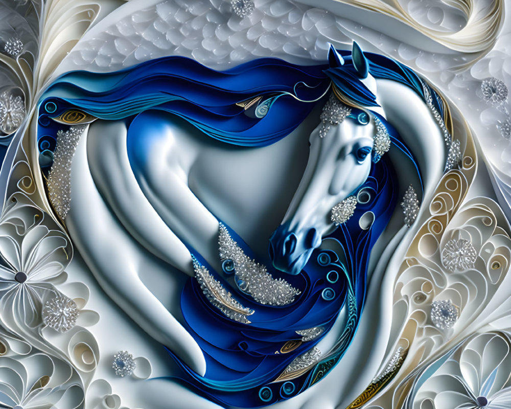 Stylized horse digital artwork with blue and white manes on floral background