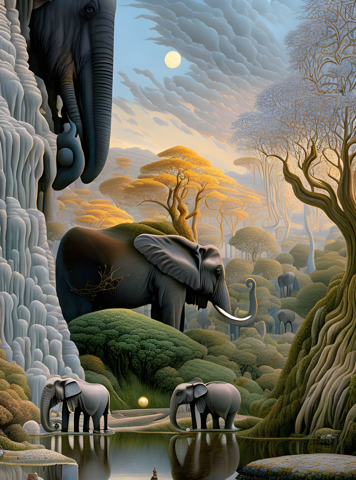 Surreal landscape with elephants merging in lush environment