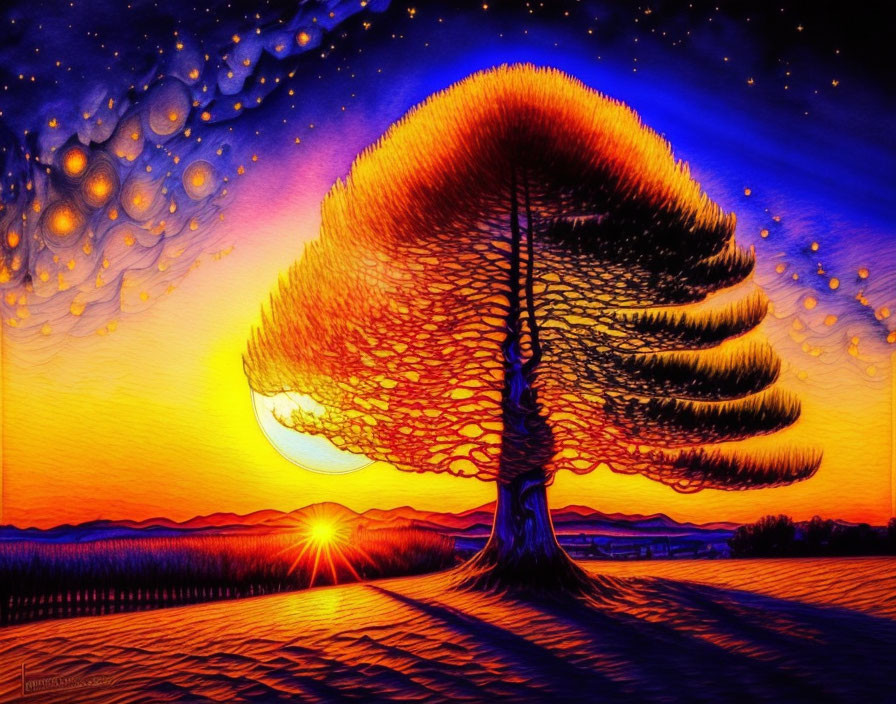 Surreal sunset landscape with spiral tree under starry sky