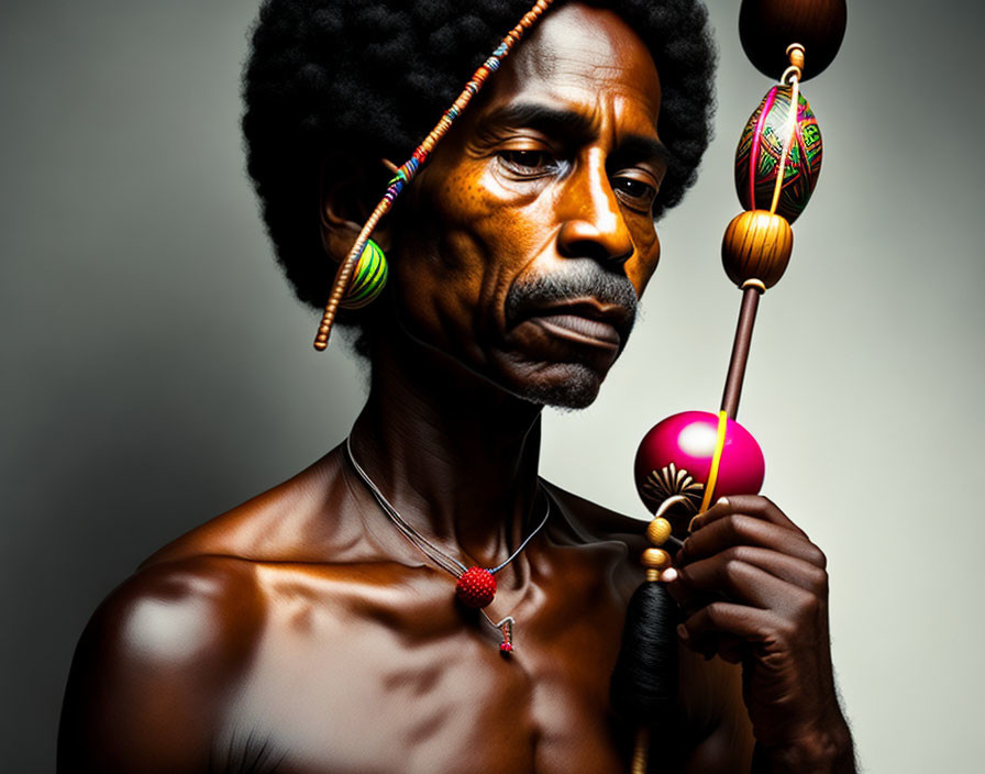 Man with traditional face paint and beads holding staff with colorful patterns