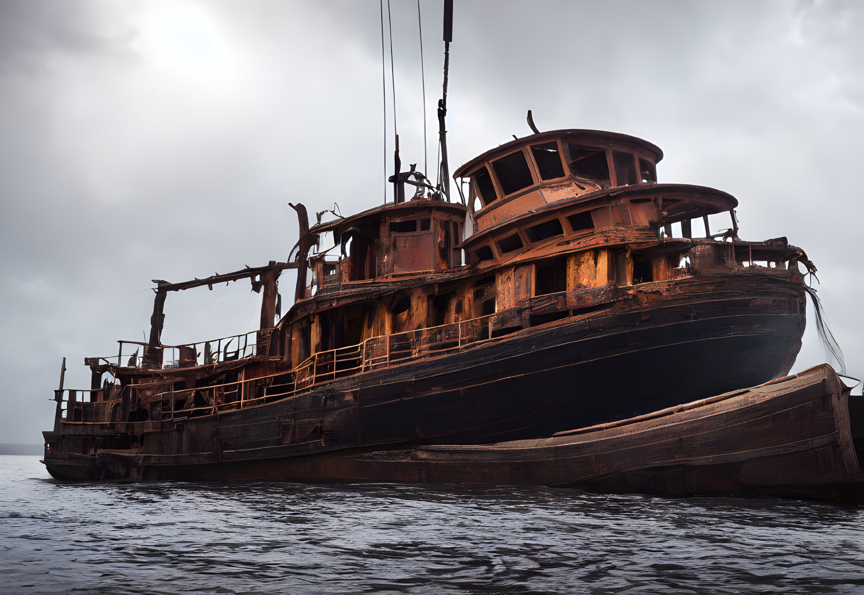 Decaying ship on calm sea under cloudy sky