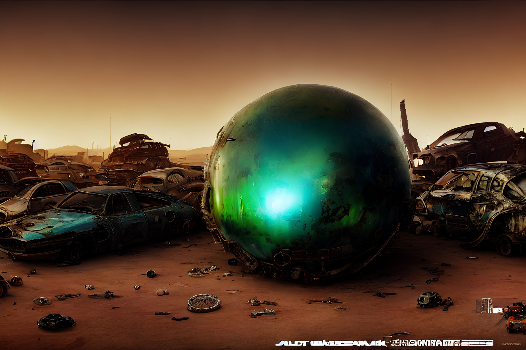 Futuristic landscape with glowing green orb in desolate setting