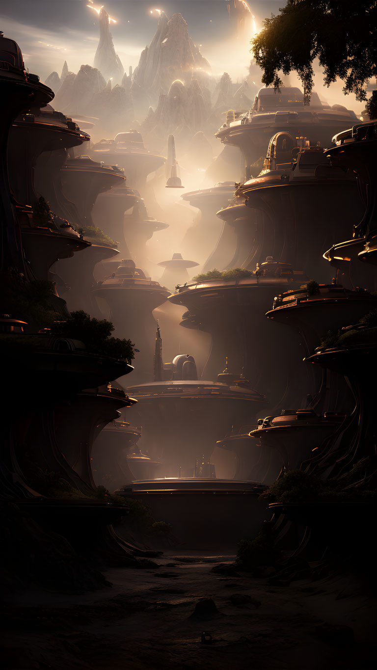 Mystical sci-fi landscape with towering rock formations and futuristic structures