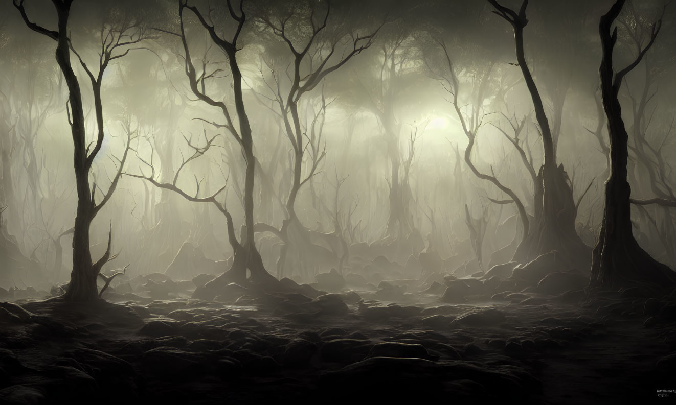 Misty forest with twisted trees and soft glow in foggy scene