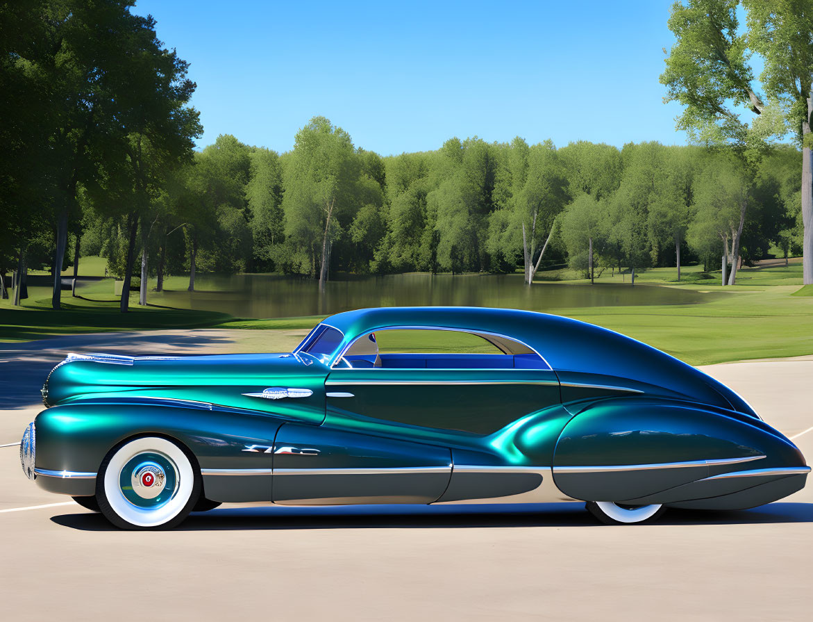 Vintage turquoise car with white-wall tires parked on road with green trees and blue sky