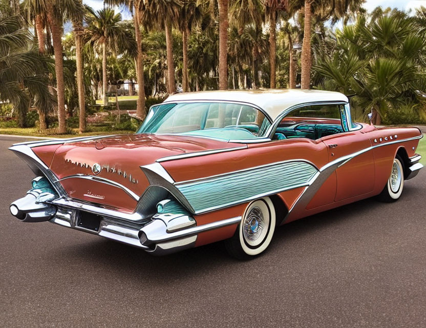 Classic Two-Tone Car with Tailfins and White-Wall Tires on Palm Tree-Lined