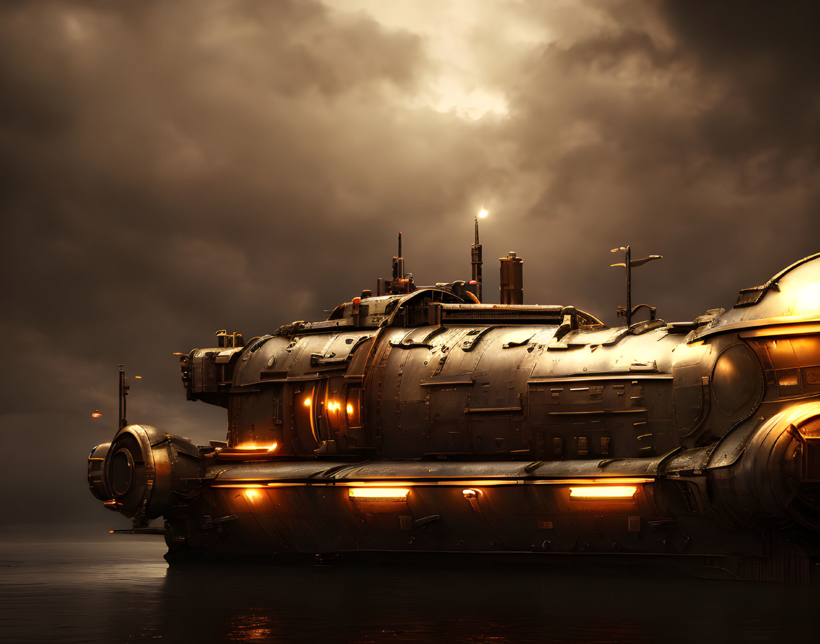 Futuristic submarine with glowing orange lights surfacing at dusk