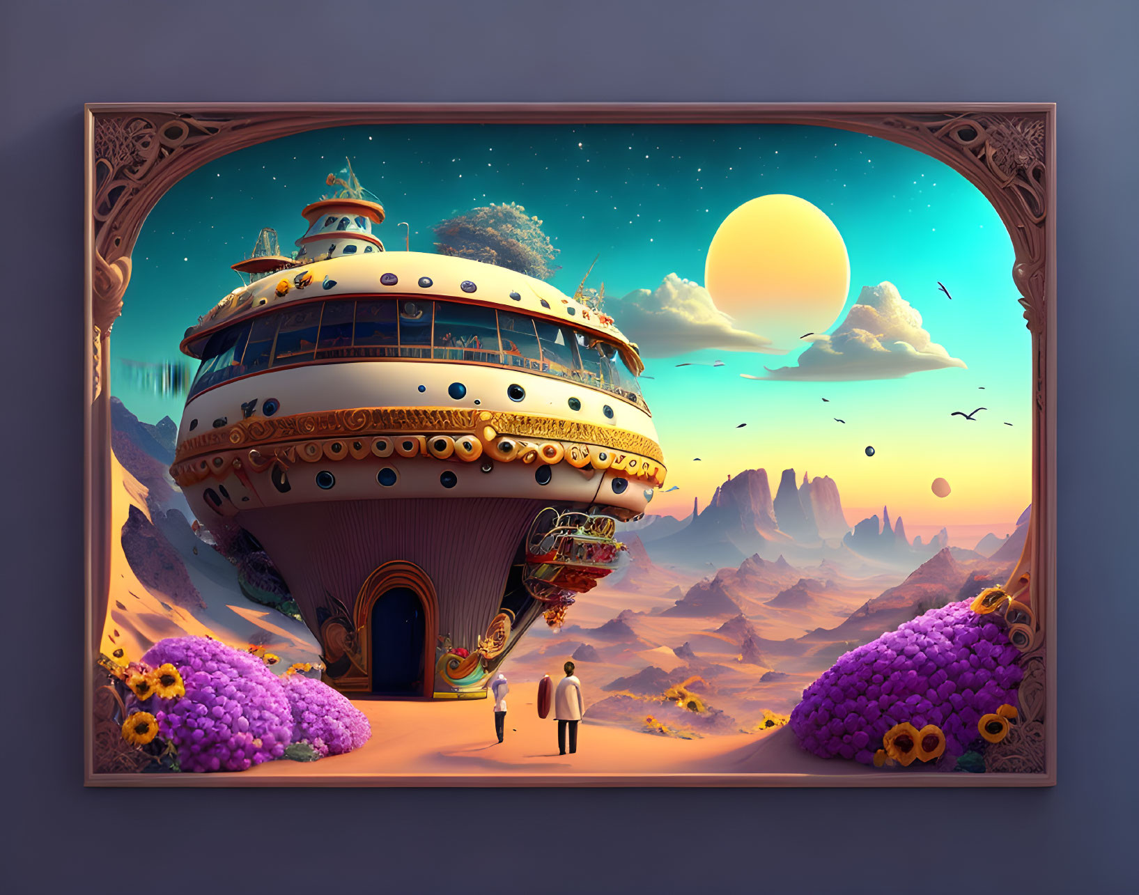 Surreal framed art: couple views ornate airship in desert with purple foliage under large sun