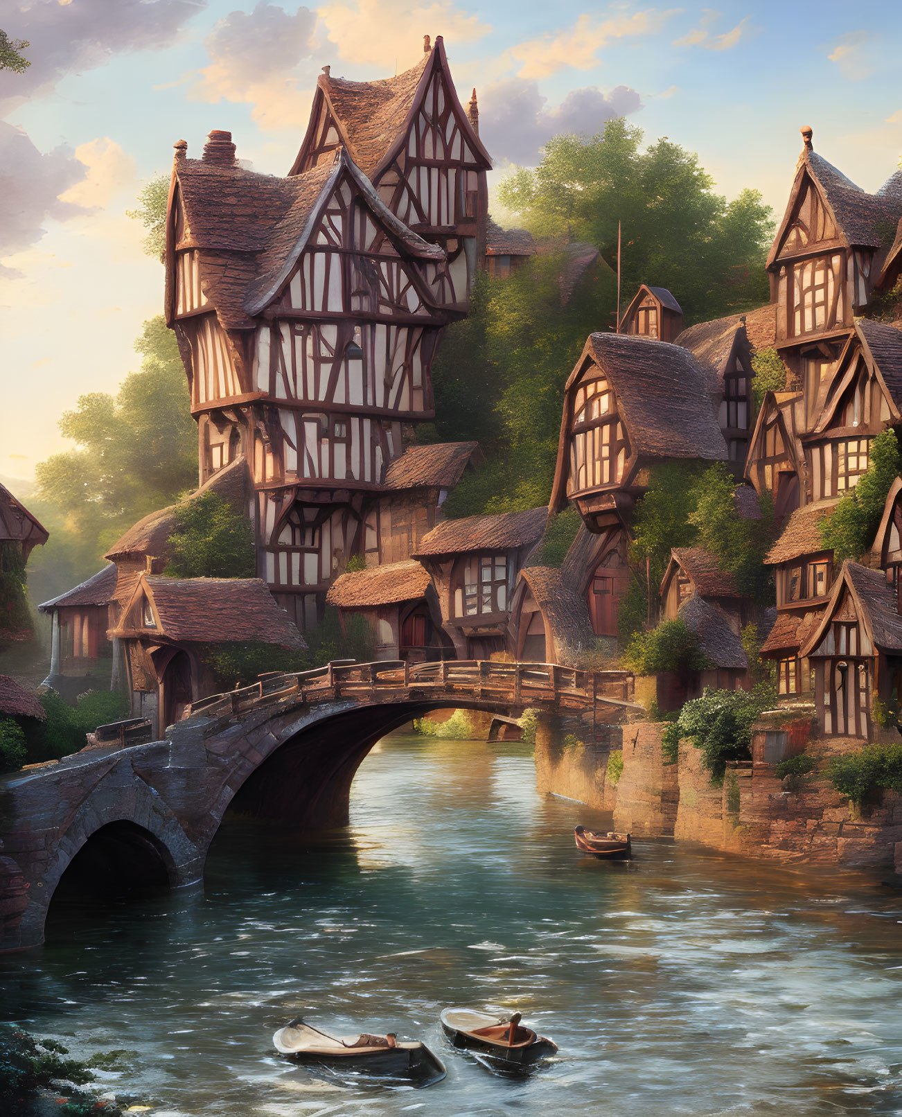 Tranquil Tudor-style village by gentle river & stone bridge