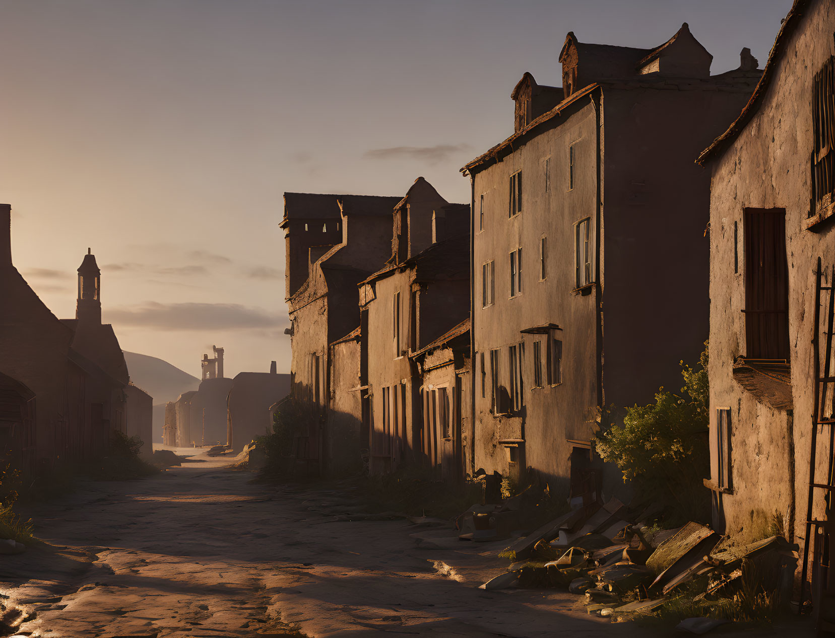 Weathered buildings on old cobblestone street at sunset