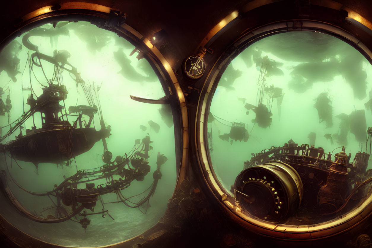 Steampunk underwater scene with submarines, sea creatures, and ruins in greenish hue