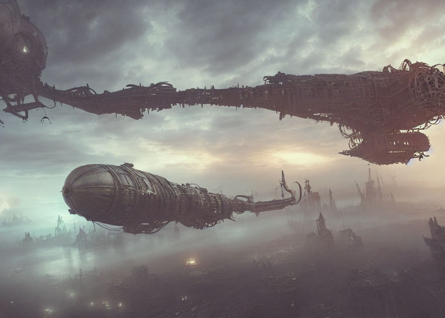 Dystopian landscape with fog, airships, ruins, and gloomy sky